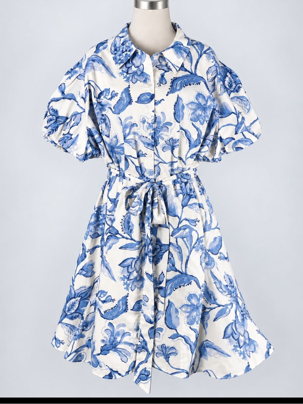 Cynthia Steffe NWT 3X Blue White Floral Cotton Shirt Dress Puff Sleeve Belted